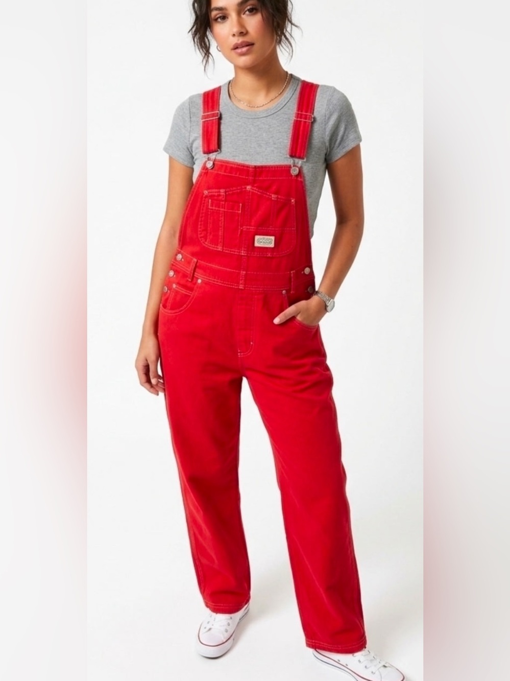 Classic Red Wide-Leg Cotton Overalls